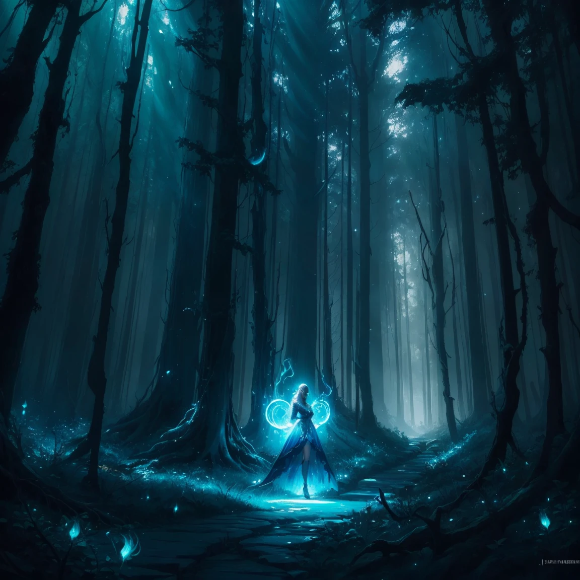 painting of a woman in a forest with a light shining on her, concept art by Jason Benjamin, trending on cgsociety, fantasy art, the moonlit dance of the fae, concept art magical highlight, enchanted with nature spirit, fireflies and sparkling wisps, magical concept art, in a magical forest, a friendly wisp, in the magical forest