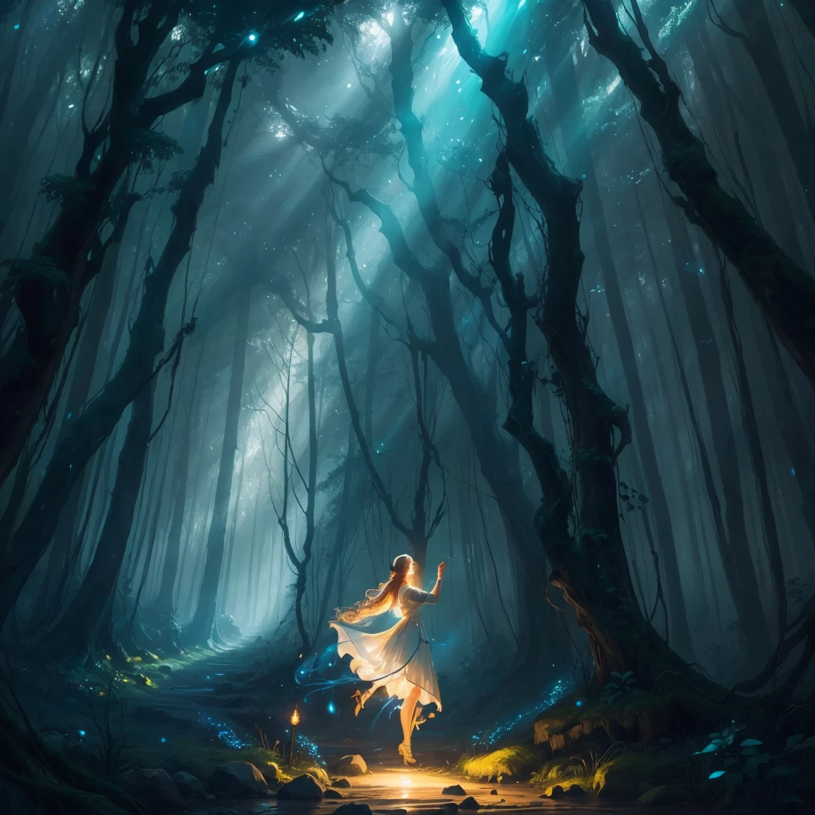 painting of a woman in a forest with a light shining on her, concept art by Jason Benjamin, trending on cgsociety, fantasy art, the moonlit dance of the fae, concept art magical highlight, enchanted with nature spirit, fireflies and sparkling wisps, magical concept art, in a magical forest, a friendly wisp, in the magical forest