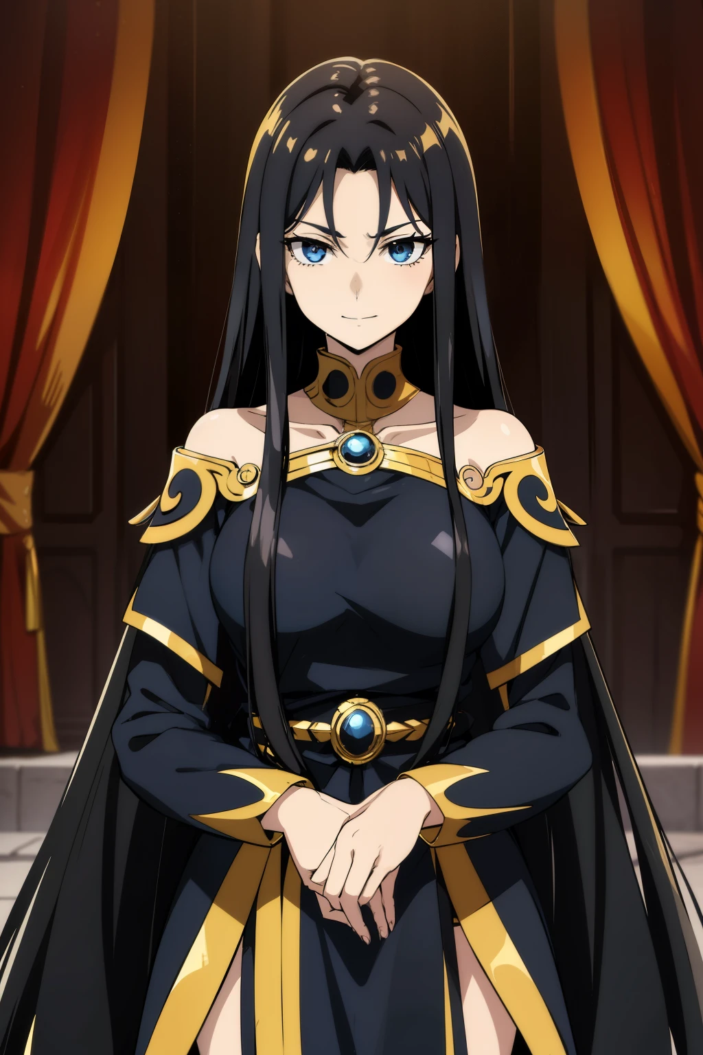 (high-quality, breathtaking),(expressive eyes, perfect face) portrait, Symmetrical Eyes, 1girl, girl, solo, young adult, black hair, blue coloured eyes, stylised hair, gentle smile, medium length hair, loose hair, side bangs, curley hair, really spiky hair, spiked up hair, looking at viewer, portrait, ancient greek clothes, black long sleeved tunic gold trim around collar edges and down middle, greek, red and gold sash, simple background, slightly narrow eyes, , happy expression, clothes similar to Hypnos Saint Seiya, clothes similar to Alone Saint Seiya, C cup size breasts
