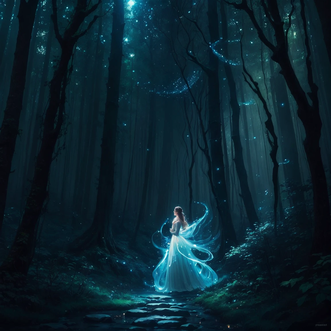painting of a woman in a forest with a light shining on her, the moonlit dance of the fae, concept art magical highlight, enchanted with nature spirit, fireflies and sparkling wisps, magical concept art, in a magical forest, a friendly wisp, in the magical forest, magical forest with fireflies, in a forest at night, fairytale painting