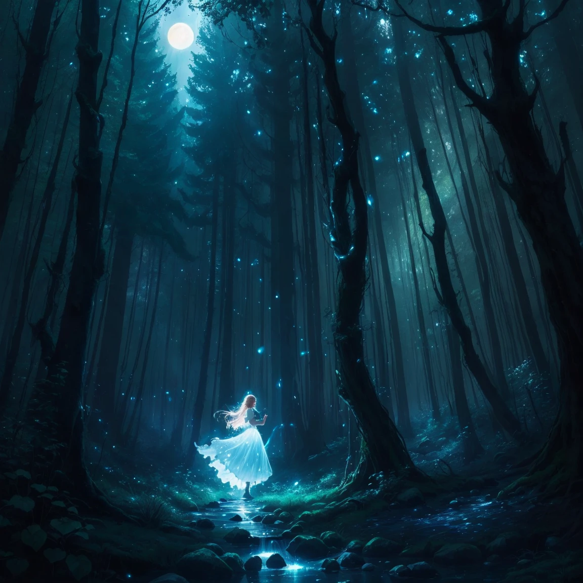 painting of a woman in a forest with a light shining on her, the moonlit dance of the fae, concept art magical highlight, enchanted with nature spirit, fireflies and sparkling wisps, magical concept art, in a magical forest, a friendly wisp, in the magical forest, magical forest with fireflies, in a forest at night, fairytale painting