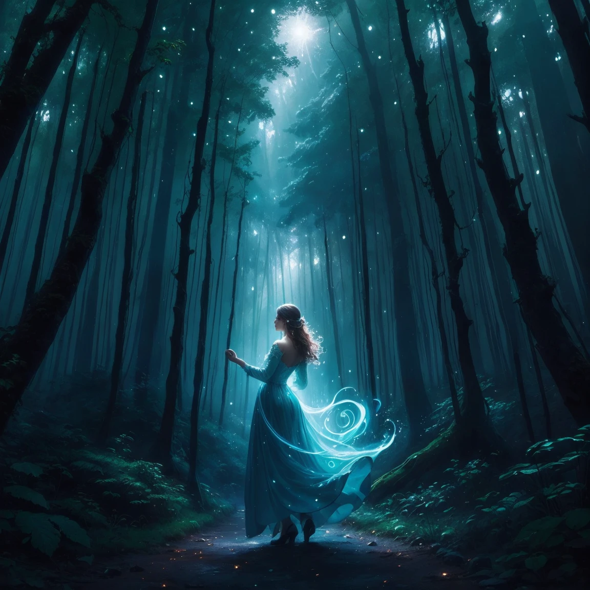 painting of a woman in a forest with a light shining on her, the moonlit dance of the fae, concept art magical highlight, enchanted with nature spirit, fireflies and sparkling wisps, magical concept art, in a magical forest, a friendly wisp, in the magical forest, magical forest with fireflies, in a forest at night, fairytale painting