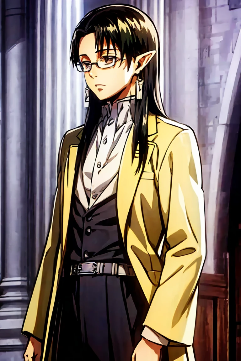 A half-elf man, tall, thin, very pale skin, black hair, golden locks, long hair, golden colored eyes, light semi-formal clothing. Glasses. very thin man. Very beautiful man.