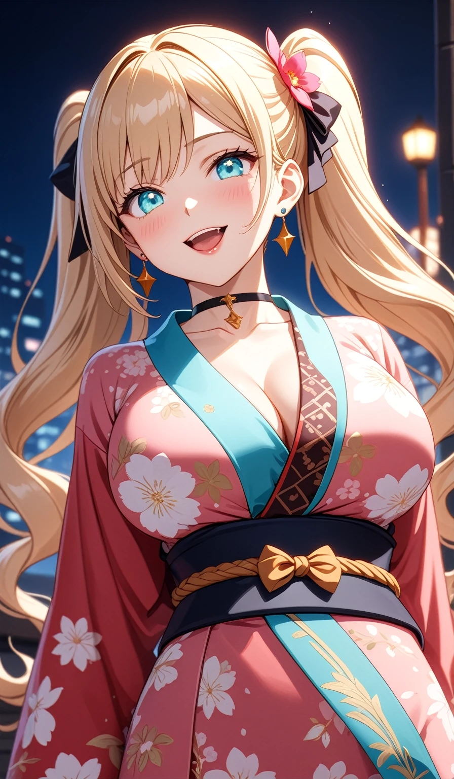 ((One personの女性)), Beautiful Face, (Laughing embarrassedly), (evil smile:1.2),((Wink:2.0)),(tongue out:1.3), (head tilt:1.3), Laugh with your mouth wide open,((Bright red cheeks:1.4)),Shiny red lips,night,横浜みなとみらいのnight景, firework,Laughing with your mouth open,Glossy pink lips,Facial lighting, ((Anime style background)),masterpiece, Highest quality, so beautiful,up to date, Complex details, (Pink long nails),(ring),(bracelet),(choker),AI-generated, Complex,High resolution, Highest quality, super high quality,3D Images、3D Images,One person,Long blonde hair,High Twintails,(turquoise blue eyes),Anime woman posing for a photo, ((Fine grain、Colorful eyes、Shining Eyes:1.3)), (Squint your eyes:1.1),a hyperRealistic , hyperRealistic , Realistic,Anime woman with long white hair, Smooth anime CG art, A woman in a colorful kimono with gold embroidery, (Pink long sleeve kimono),Red floral pattern,Long flower hair ornament,Earrings,Mature Body,(Big Breasts:1.1),Tall,Abdominal muscles,Tight waist,(Zoom up to face:1.4), (front view),
