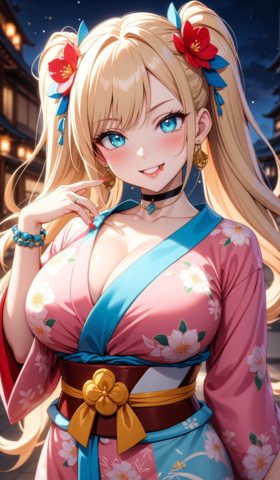 ((One personの女性)), Beautiful Face, (Laughing embarrassedly), (evil smile:1.2),((Wink:2.0)),(tongue out:1.3), (head tilt:1.3), Laugh with your mouth wide open,((Bright red cheeks:1.4)),Shiny red lips,night,横浜みなとみらいのnight景, firework,Laughing with your mouth open,Glossy pink lips,Facial lighting, ((Anime style background)),masterpiece, Highest quality, so beautiful,up to date, Complex details, (Pink long nails),(ring),(bracelet),(choker),AI-generated, Complex,High resolution, Highest quality, super high quality,3D Images、3D Images,One person,Long blonde hair,High Twintails,(turquoise blue eyes),Anime woman posing for a photo, ((Fine grain、Colorful eyes、Shining Eyes:1.3)), (Squint your eyes:1.1),a hyperRealistic , hyperRealistic , Realistic,Anime woman with long white hair, Smooth anime CG art, A woman in a colorful kimono with gold embroidery, (Pink long sleeve kimono),Red floral pattern,Long flower hair ornament,Earrings,Mature Body,(Big Breasts:1.1),Tall,Abdominal muscles,Tight waist,(Zoom up to face:1.4), (front view),