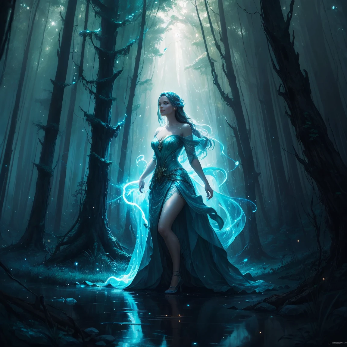 painting of a woman in a forest with a light shining on her, concept art by Jason Benjamin, trending on cgsociety, fantasy art, the moonlit dance of the fae, concept art magical highlight, enchanted with nature spirit, fireflies and sparkling wisps, magical concept art, in a magical forest, a friendly wisp, in the magical forest