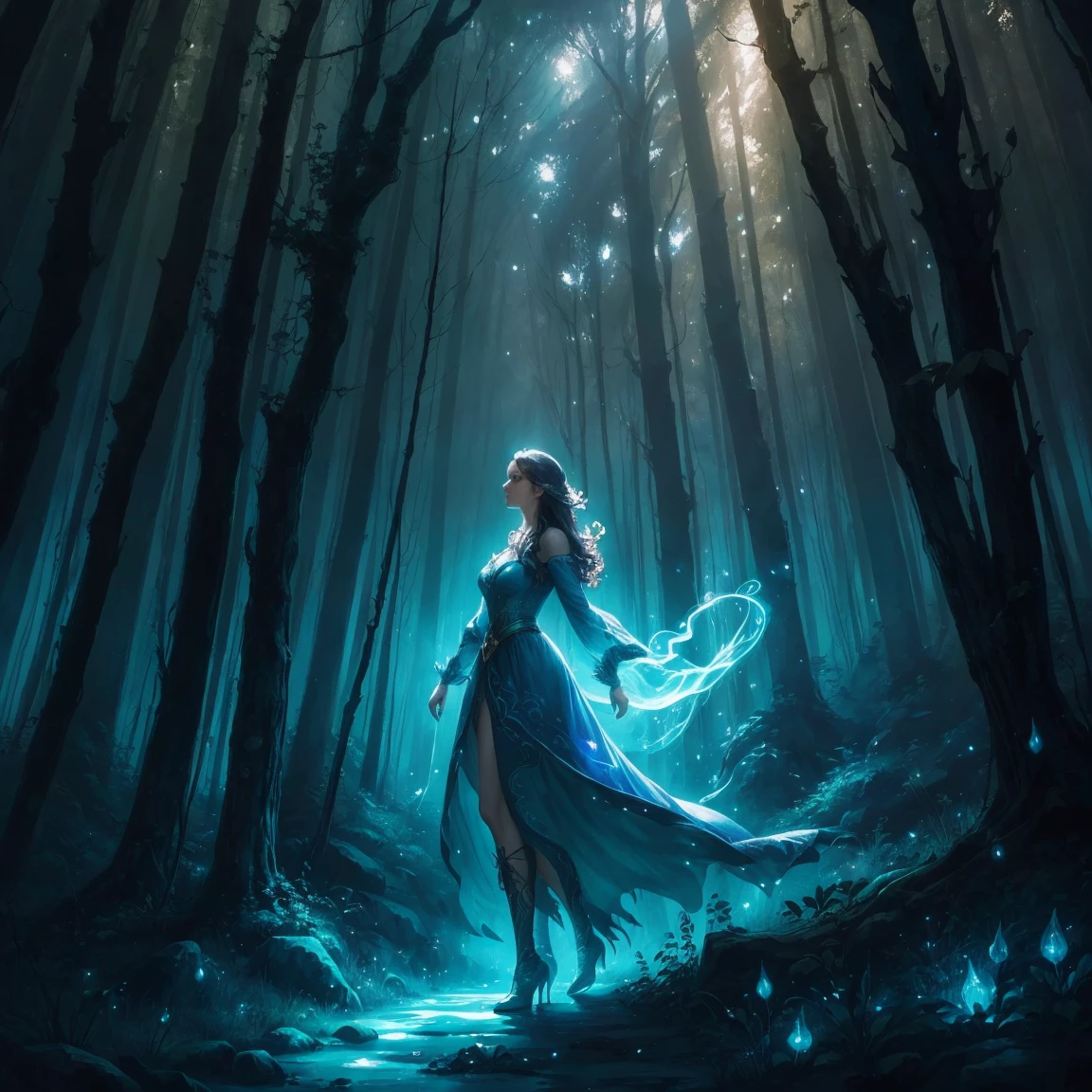 painting of a woman in a forest with a light shining on her, concept art by Jason Benjamin, trending on cgsociety, fantasy art, the moonlit dance of the fae, concept art magical highlight, enchanted with nature spirit, fireflies and sparkling wisps, magical concept art, in a magical forest, a friendly wisp, in the magical forest