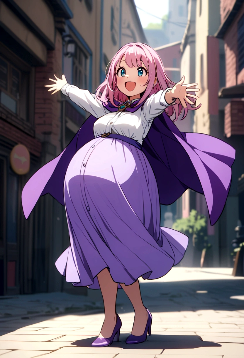 pregnant cute short young with long pink hair, blue eyes, white shirt, purple cape, purple skirt, purple heels, happy
