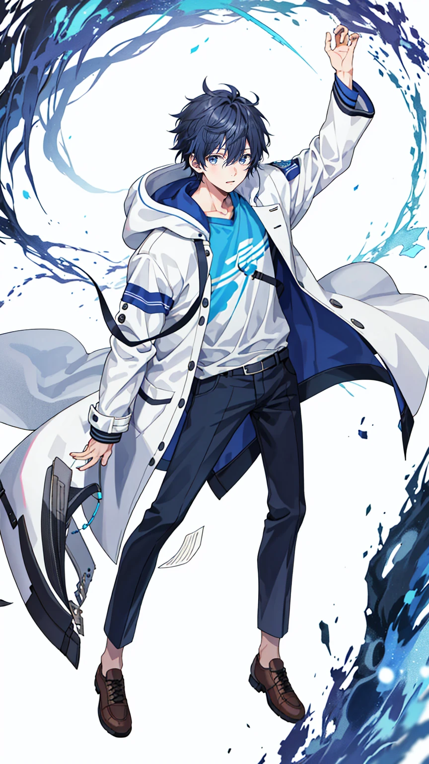 1 boy, 30 years old, full body, messy hair, indigo hair, short hair, researcher, white coat,