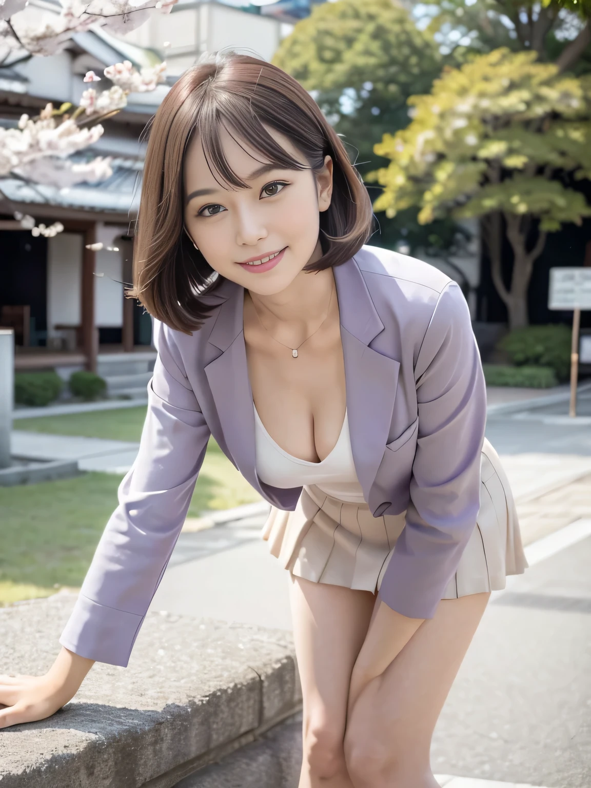 (Leanwg forward:1.3), mwi skirt, 50-year-old women,Retro Photography, 1960s , AGFA, Kodak, One girl, Lookwg_w_Audience, smile, Japan, Tokyo, Cherry Blossom, Octane Renderwg, 一人w, Very skwny,V-neck suit, (Small breasts:1.1)