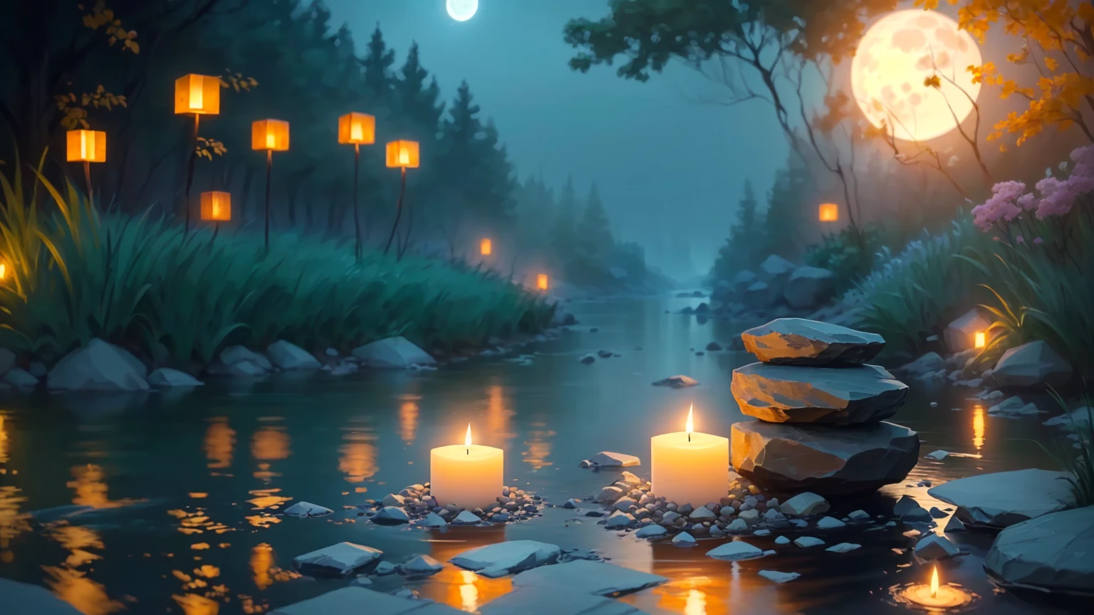Candles lit on river rocks with a full moon in the background, Unreal Engine ; Romantic Theme, Glowing Light! Digital Painting, Quiet and peaceful atmosphere, Peaceful atmosphere, Gentle lighting, 8k resolution Digital Painting, 8 k resolution Digital Painting, Atei Gailan 8K, Calm evening atmosphere, Relaxing concept art, 4 k Digital Painting