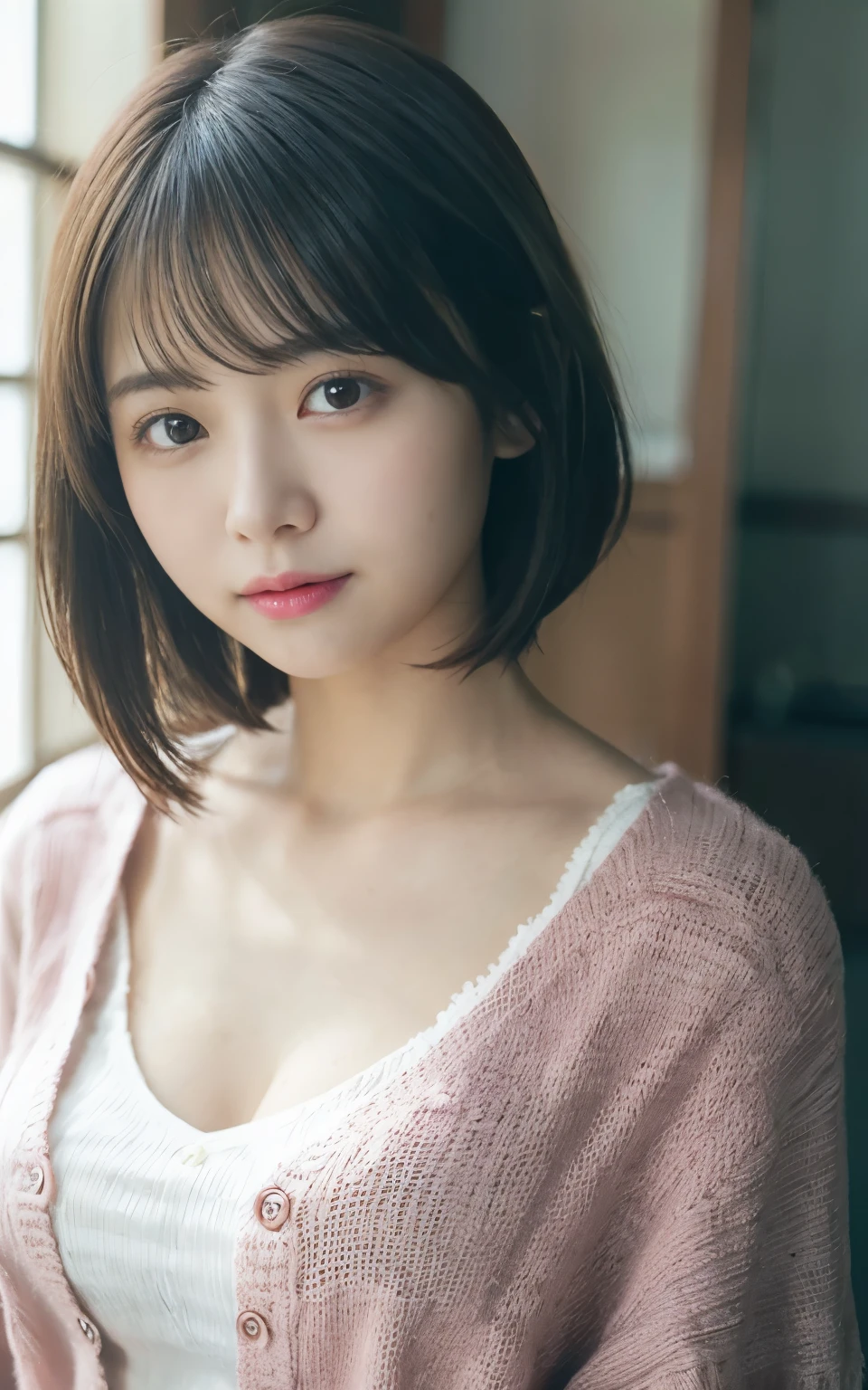 Tabletop, Highest quality, 8K, 20th Generation, 大きな豊かなchest, cute, alone, sad, cute, Girlish, Delicate girl, Pure beauty, RAW Photos, Professional photography, Portraiture, Soft Light, Professional Lighting, Backlight, Upper Body, avert your eyes, Sophisticated, Film Grain, (Eye and facial details:1.0), Short floating hair, Beautiful, flowing hair, bangs, Pink Cardigan、chest、 outside、Nipples