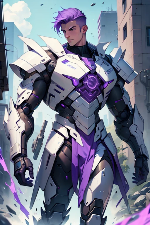 
muscular white man, short shaved purple hair, wearing giant white futuristic robotic armor
