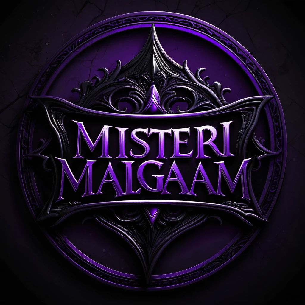 create a DARK NIGHT MYSTERY logo with mystical, scary, unique letters. Enter the words "MISTERI MALAM", use black and purple and a white background