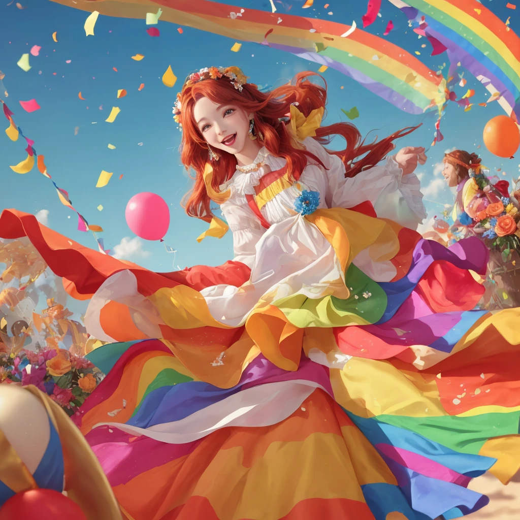 Create an image with the characteristics defined in the tag and avoid using the characteristics defined in the tag.
A celebration image with a colorful and vibrant theme. In the center, there is a bright rainbow surrounded by balloons of different colors, such as blue, green, yellow, red, and orange. At the top, there are colorful bunting flags hanging, creating a festive atmosphere. In the background, a light blue sky with fluffy white clouds. At the bottom, stylized hills in shades of blue, green, and orange, with a wavy texture. Flowers of various colors, including red, pink, and orange, are scattered around the base of the rainbow. There is a bright central campfire with yellow and orange flames. Soft and warm lighting illuminates the scene. In the center of the rainbow, there is a circle with the stylized image of a woman with red hair. Colorful confetti is falling from the sky. The composition is balanced and detailed, with a sense of joy and celebration.