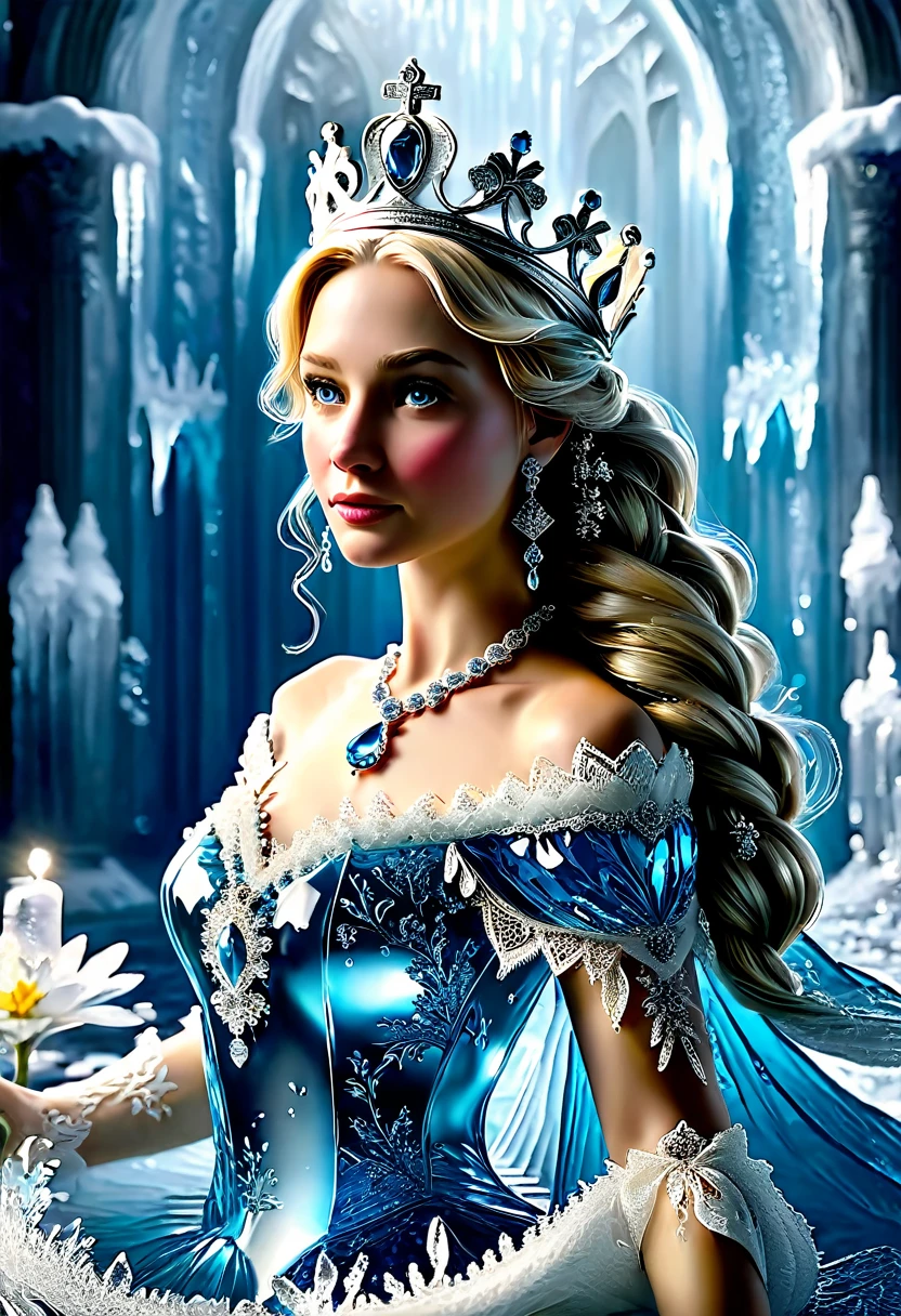 An immense crown of finely chiseled and openwork frozen water lace offers power to a sublime, happy and radiant queen, sublime 35 year old queen crowned