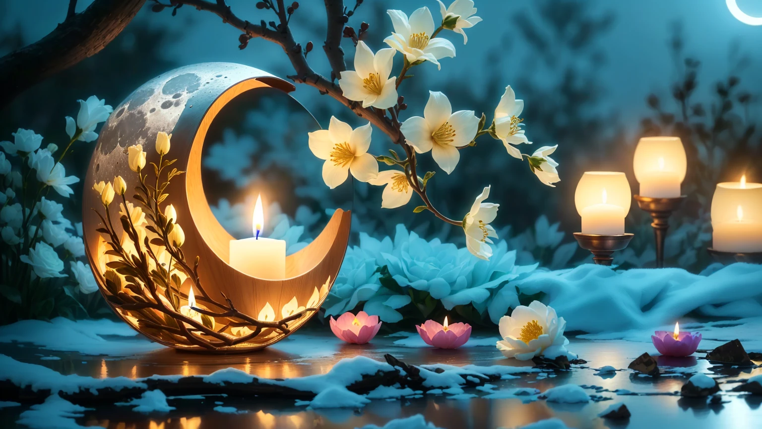 Flowers and candles in a vase、The candle is lit, Moon and candle, night with Moon and candle, Soft moonlight lighting, Peaceful atmosphere, Very beautiful photos, Gentle lighting, Cozy candlelight, Beautiful moonlight, Relaxed atmosphere, Very peaceful mood, Cozy and quiet atmosphere, Blooming Light, Moonlight, Beautiful composition, wonderful、wonderful構成