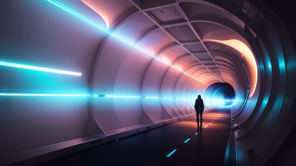 sci-fi art, an all-glass tunnel of soft light, no human, dark background