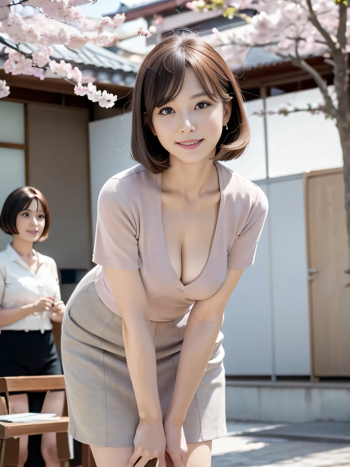 (Leanwg forward:1.3), mwi skirt, 50-year-old women,Retro Photography, 1960s , AGFA, Kodak, One girl, Lookwg_w_Audience, smile, Japan, Tokyo, Cherry Blossom, Octane Renderwg, 一人w, Very skwny,V-neck suit, (Small breasts:1.1)
