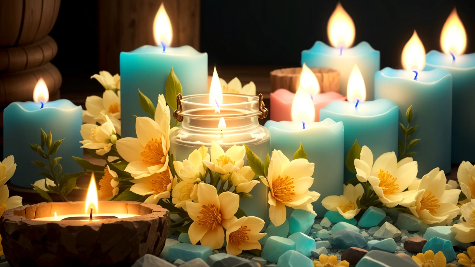 Candles are lit and surrounded by flowers and stones, glowing Candles, lit Candles, Candles, Candlesライトs, Warm and fun atmosphere, lit with Candles, floating Candles, natural Candlesライトing, lots of Candles, room full of Candles, Soft glow, 心地よいCandlesライト, A vibrant scene, Beautiful atmosphere, Candlesライト, Candle wax, Candles in foreground, Beautifully illuminated, Shutterstock