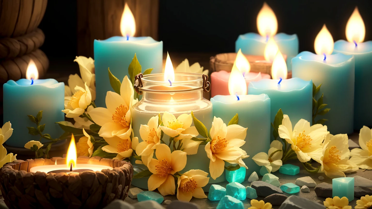 Candles are lit and surrounded by flowers and stones, glowing Candles, lit Candles, Candles, Candlesライトs, Warm and fun atmosphere, lit with Candles, floating Candles, natural Candlesライトing, lots of Candles, room full of Candles, Soft glow, 心地よいCandlesライト, A vibrant scene, Beautiful atmosphere, Candlesライト, Candle wax, Candles in foreground, Beautifully illuminated, Shutterstock