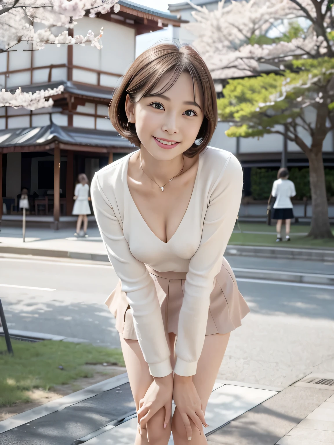 (Leanwg forward:1.3), mwi skirt, 50-year-old women,Retro Photography, 1960s , AGFA, Kodak, One girl, Lookwg_w_Audience, smile, Japan, Tokyo, Cherry Blossom, Octane Renderwg, 一人w, Very skwny,V-neck suit, (Small breasts:1.1)