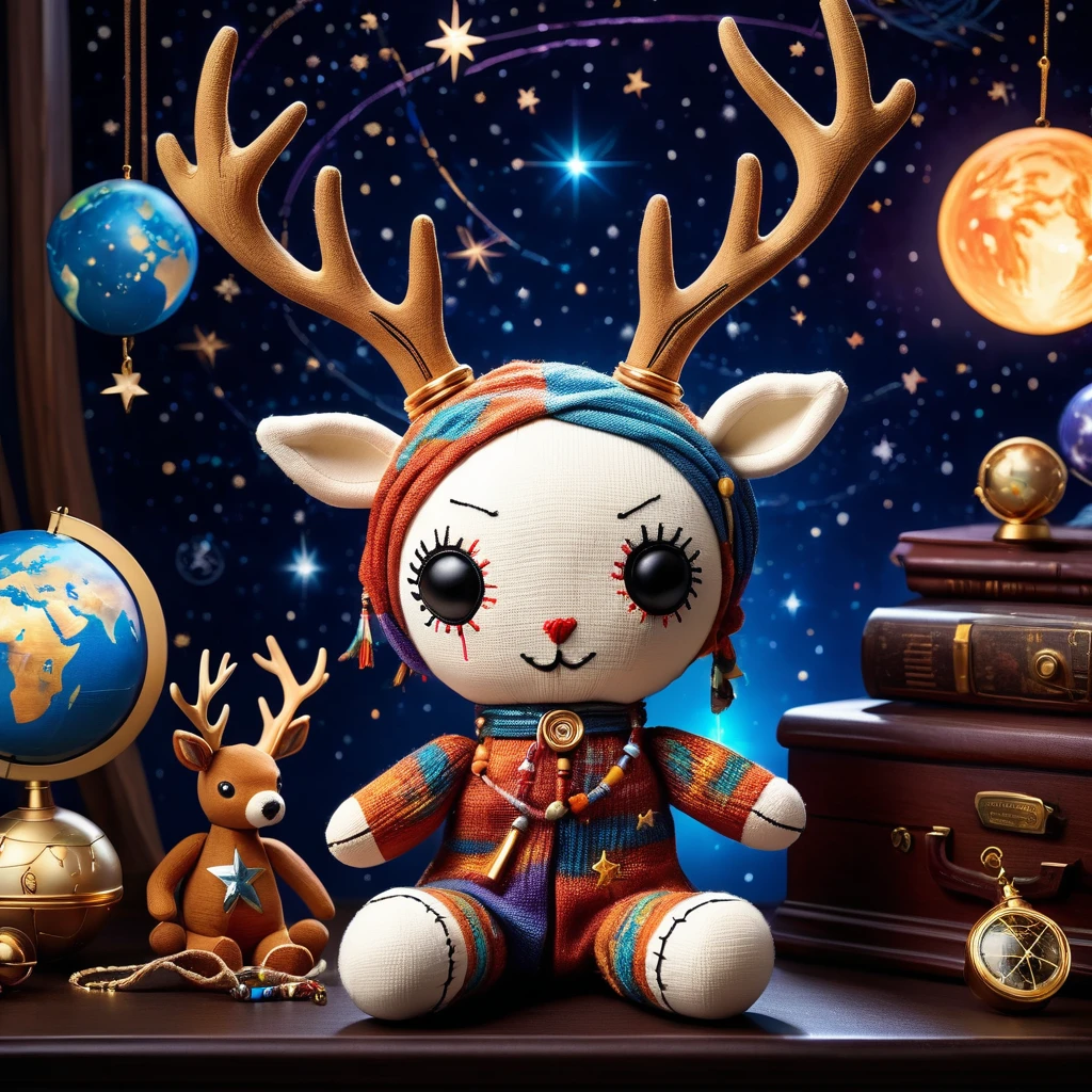 (knitted toy voodoo doll:1.9),(Voodoo Deer:1.8), (Clothing: robes adorned with constellations, starlit cloak:1.0), (Accessories: star staff, celestial globe, glowing star amulet:1.2), (background: cosmic observatory with floating star charts, glowing telescopes, and swirling galaxies:1.2), best quality, masterpiece, detailed soft oil painting, detailed background, dramatic cinematic lighting, soft edge lighting, professional, dramatic lighting, hard edge lighting, ultra quality, 4k, masterpiece, best quality, 8k, ultra high definition, high resolution, extremely detailed