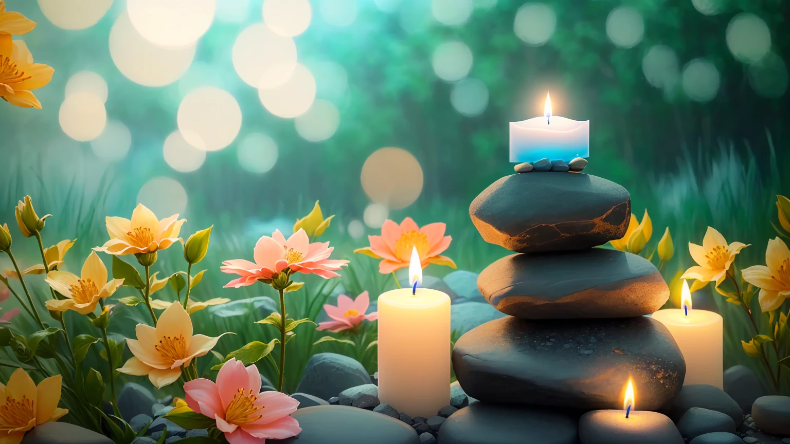 A lit candle stands on a pile of stones with flowers in the background, Peaceful atmosphere, Zen Nature Background, Relaxed atmosphere, Calm evening atmosphere, Peaceful environment, Peaceful atmosphere, Serene landscape, Quiet environment, Calm and peaceful atmosphere, Gentle lighting, Relaxing environment, Peaceful mood, Soft glow, Peaceful and serene, Warm and fun atmosphere, Zen feeling, Peaceful landscape