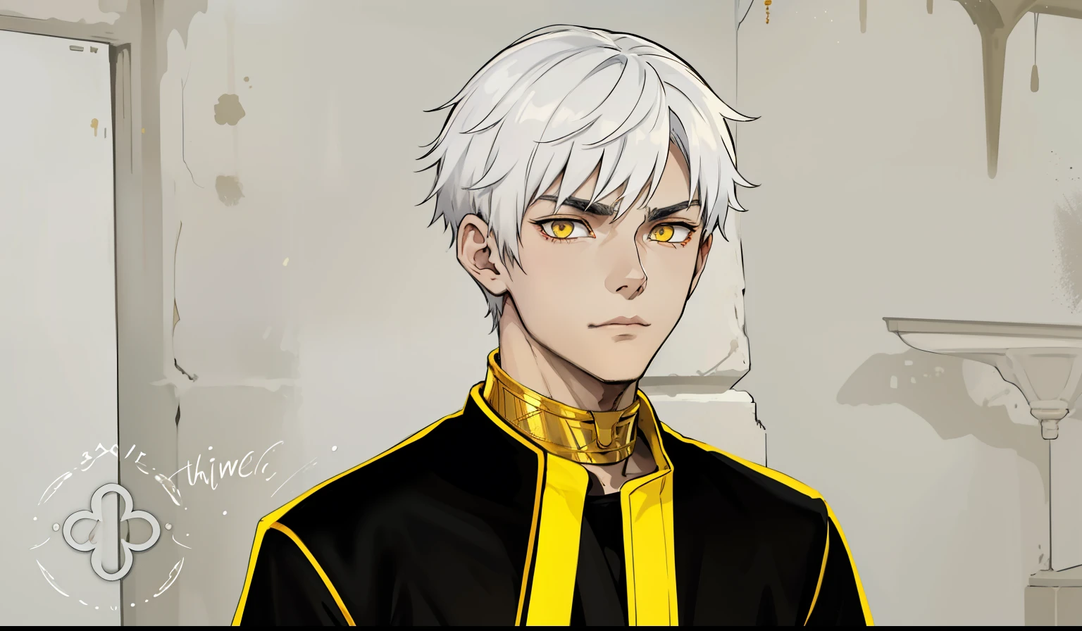 cute slim boy with white hair, light skin, yellow eyes, black clothes from ancient Egypt, he is , he has a gold collar, black clothes with yellow, he is dark, serious, cold, he speaks coldly.