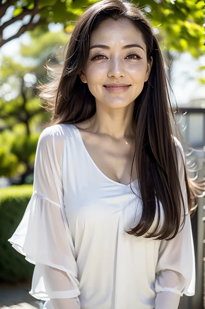 ((Highest quality, 8K, Ultra-high resolution)), ((masterpiece: 1.3)), (Perfect appearance), (Photorealism: 1.6), (JMA), (Portrait of a Japanese mature woman), (Blurred Background), (sunny day in a park), (Woman standing in the shade), ((Look here)), ((Realistic skin texture)), (Fine wrinkles appear all over the skin, Dullness, Unmoisturized skin, Wrinkles around the eyes, double eyelid, Lower eyelid tear trough, Tears, Dimples), (Precise eyeball), Slightly parted lips, Smiling Kindly, (Medium Wave Hairstyle), (Wide neckline blouse), (Soft-touch blouse), (Voluptuous body), (Large Breasts), (Close-up of face), (Angle from below),