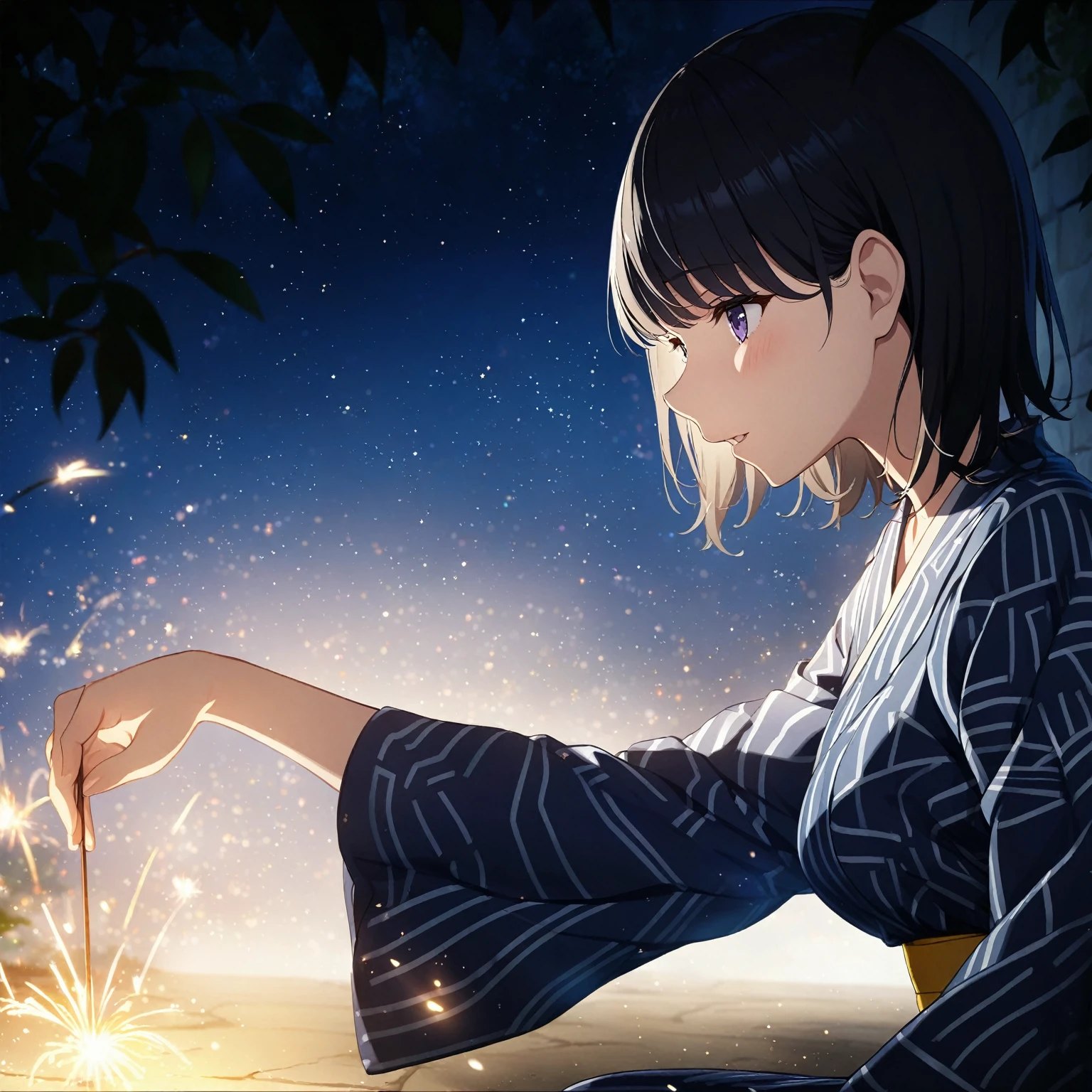 1girl、Black Hair、Indigo yukata、Yellow belt、squat、Sparkler、night、Illuminate the face、少女がしゃがんでSparklerの火を見つめる、deep faint light 、 detailed CG、high resolution