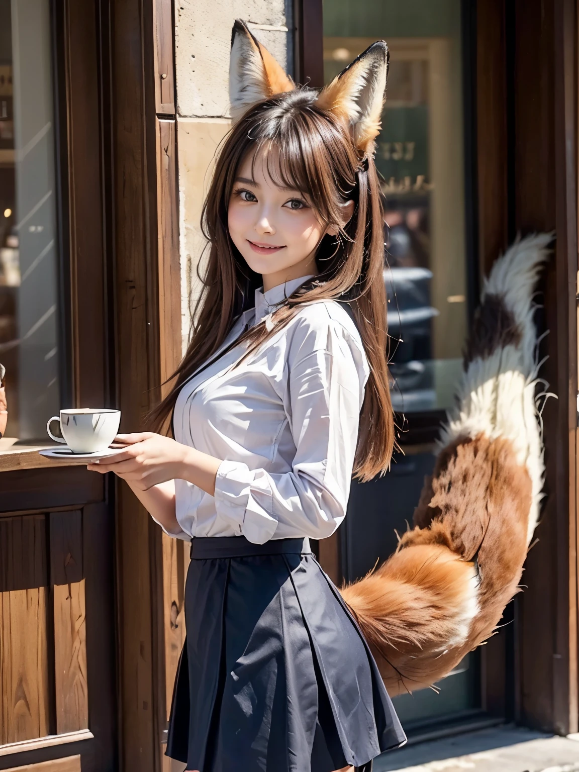 ((Highest quality, 32k)), ((masterpiece)), (Familiar), Perfect Face, pretty girl, She works at a cafe in the city center., She serves coffee to the customers., She has a bushy tail growing out of her ass, (She has a fox tail.:1.5),She has a fluffy tail, Small breasts, She is wearing a neat blouse and a tight mini skirt., A bushy tail is visible from under her skirt,, Slender body, Her tail sticks out from under her skirt, (A fox tail protrudes from the inside of her skirt.:1.4), The base of her tail is hidden under her skirt and cannot be seen., She is gently stroking her tail