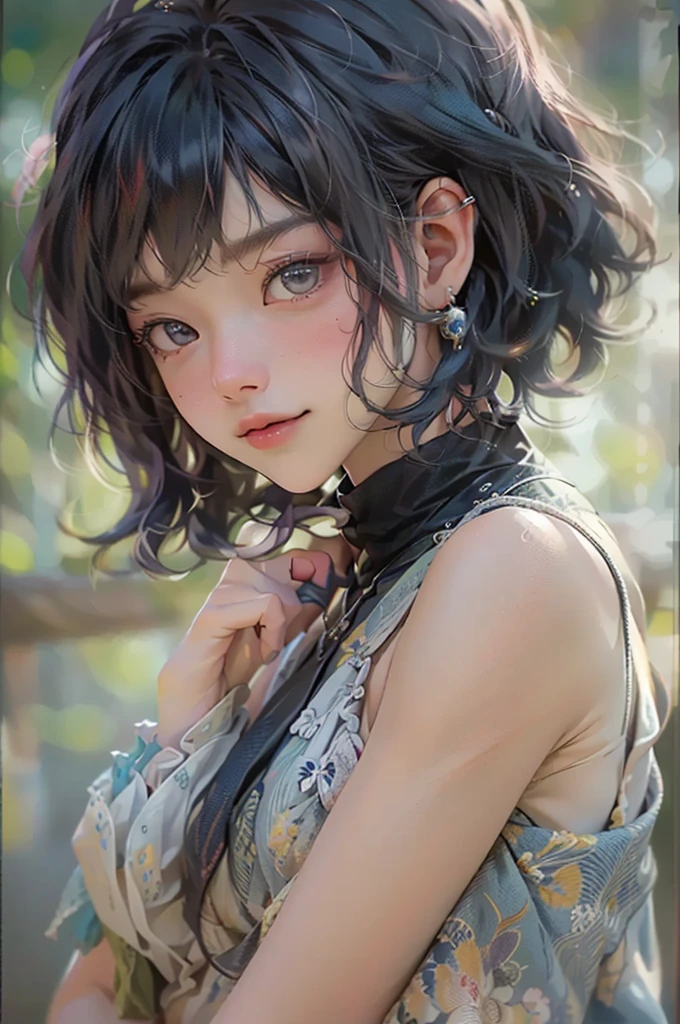 ((Best quality)), ((masterpiece)), (detailed:1.4), 3D, an image of a beautiful girl,(tween,detailed face,(darkblue wavy-short hair),parallel eyebrows,small breasts),cute,smile,shiny skin,cowboy-shot,HDR (High Dynamic Range),Ray Tracing,NVIDIA RTX,Super-Resolution,Unreal 5,Subsurface scattering,PBR Texturing,Post-processing,Anisotropic Filtering,Depth-of-field,portrait,Maximum clarity and sharpness,Multi-layered textures,Albedo and Specular maps,Surface shading,Accurate simulation of light-material interaction,Perfect proportions,Octane Render,Two-tone lighting,Wide aperture,Low ISO,White balance,Rule of thirds,8K RAW,