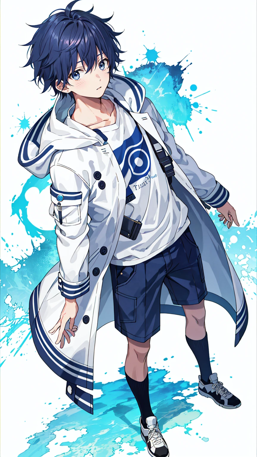 1 boy, 30 years old, full body, messy hair, indigo hair, short hair, researcher, white coat,