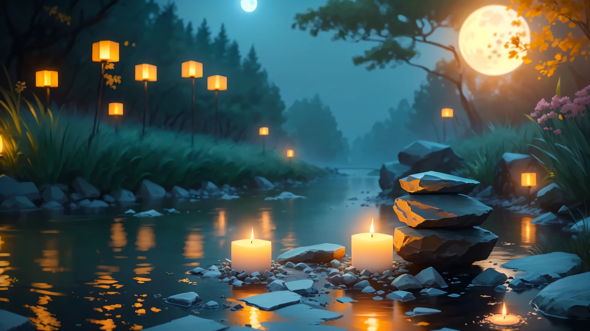 Candles lit on river rocks with a full moon in the background, Unreal Engine ; Romantic Theme, Glowing Light! Digital Painting, Quiet and peaceful atmosphere, Peaceful atmosphere, Gentle lighting, 8k resolution Digital Painting, 8 k resolution Digital Painting, Atei Gailan 8K, Calm evening atmosphere, Relaxing concept art, 4 k Digital Painting