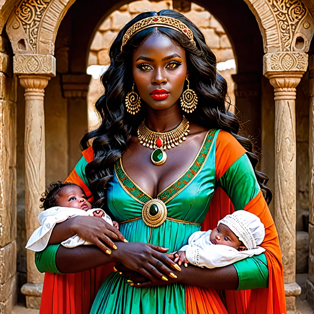 dark skin woman, with orange eyes, green and blue ancient era dress, with long wavy black hair, short black gloves on hands, a red ring on her finger, lips a little wide, golden hoops in her ears, with two babies with brown hair with green eyes with white skin