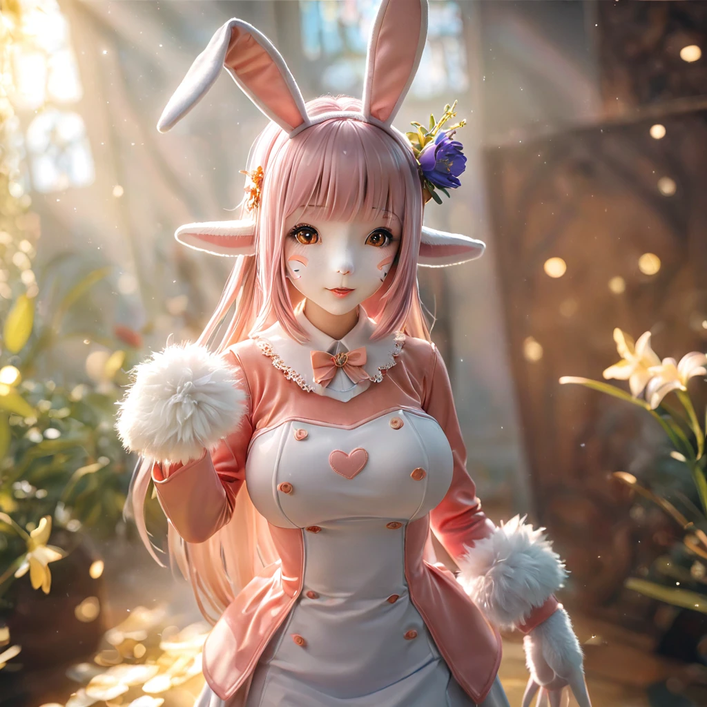 A woman wearing a furry bunny costume，Wearing big bunny ears, full-body shot, Wide Angle, Lovely又充满童真表情, Professional Portraits, Super Fine 8K, high resolution, Detailed facial features, Detailed clothing, Soft Light, excellent, fantasy, Soft colors, Lovely