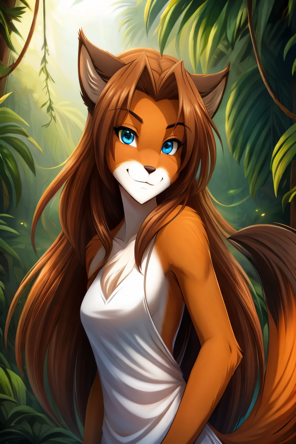 Laura, Keidran, twokinds, by tom_fischbach,, (best quality, masterpiece:1), solo, furry female anthro, blue eyes, long hair, reddish brown hair, portrait, fingers, finger claws, looking at viewer, fox tail,,, absurdres, highres, 1girl, furry, brown hair, cowboy shot, detailed face and eyes, standing, from below, tail, smug, jungle,