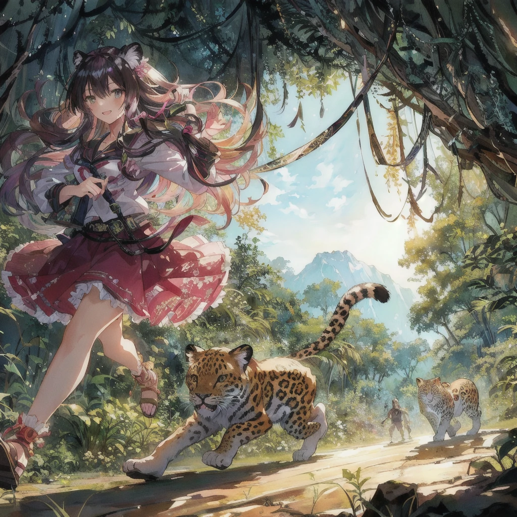 Anime girl running through the jungle with a leopard, Crazy Smile,Anime fantasy illustration, 2. 5 d cgi Anime fantasy artwork, Anime fantasy artwork, Anime Style 4k, 4K Manga Wallpapers, Fantasy art style, Beautiful anime art, Anime illustration, Fantasy-style anime, Anime Nature, anime art wallpaper 4k, anime art wallpaper 4k, Detailed digital anime art