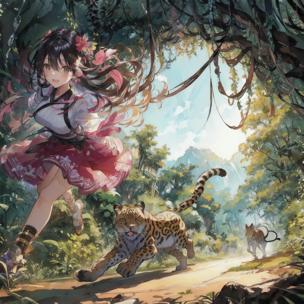 Anime girl running through the jungle with a leopard, Crazy Smile,Anime fantasy illustration, 2. 5 d cgi Anime fantasy artwork, Anime fantasy artwork, Anime Style 4k, 4K Manga Wallpapers, Fantasy art style, Beautiful anime art, Anime illustration, Fantasy-style anime, Anime Nature, anime art wallpaper 4k, anime art wallpaper 4k, Detailed digital anime art