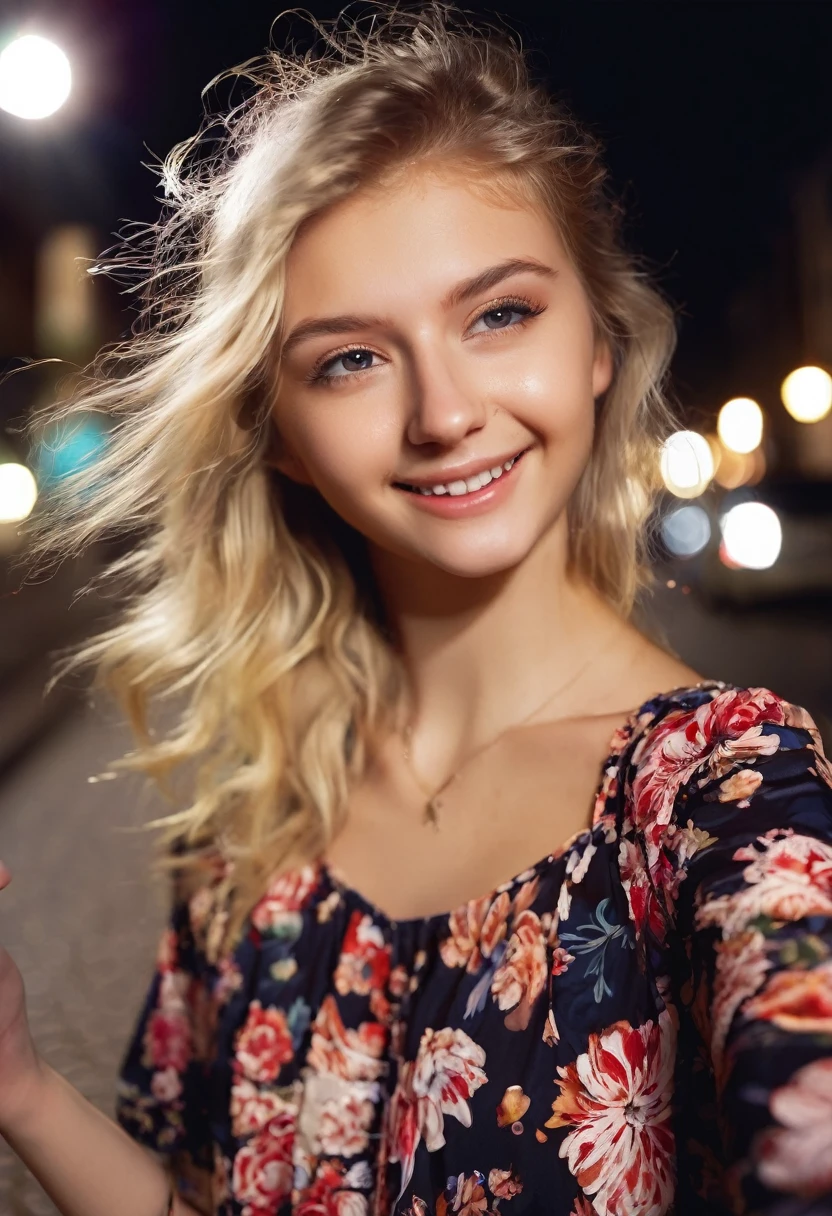 Cute blonde girl 19 years old, (((taking a selfie))), on the street, night, smiling, sexy hairstyle, sexy little blouse, (((hair in the face in the wind)))