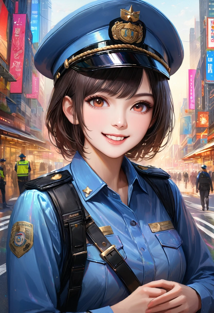 Roads in the city, Clear sky, policewoman, Blur the background,smile,Glitter effect,Highest quality, 8K, High resolution, masterpiece:1.2, Very detailed, Realistic:1.37, High resolution, 超High resolution, Ultra-fine painting, Very detailed, Professional, Vibrant colors