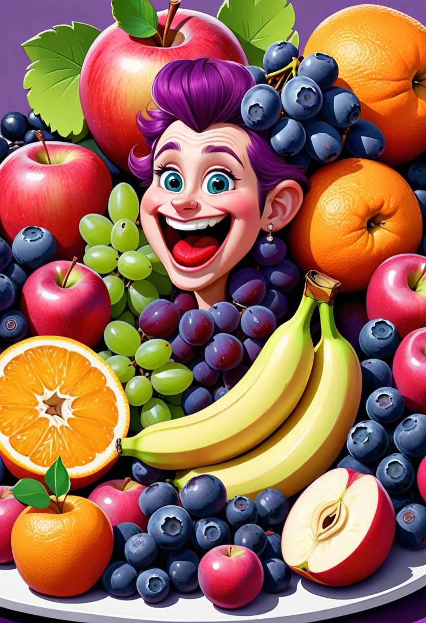 A medium prompt featuring red apples, bananas, green grapes, blueberries, oranges, purple plums, and pink dragonfruit in a funny caricature style with hyper-detail inspired by the artist Ferdinand Knab.