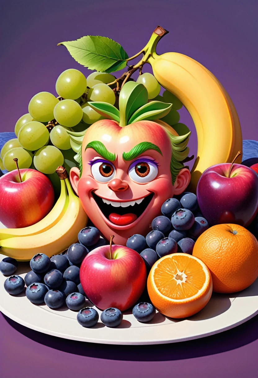 A medium prompt featuring red apples, bananas, green grapes, blueberries, oranges, purple plums, and pink dragonfruit in a funny caricature style with hyper-detail inspired by the artist Ferdinand Knab.