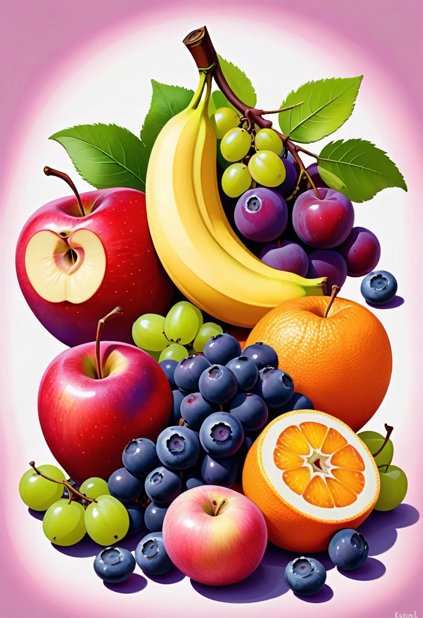 A medium prompt featuring red apples, bananas, green grapes, blueberries, oranges, purple plums, and pink dragonfruit in a funny caricature style with hyper-detail inspired by the artist Ferdinand Knab.