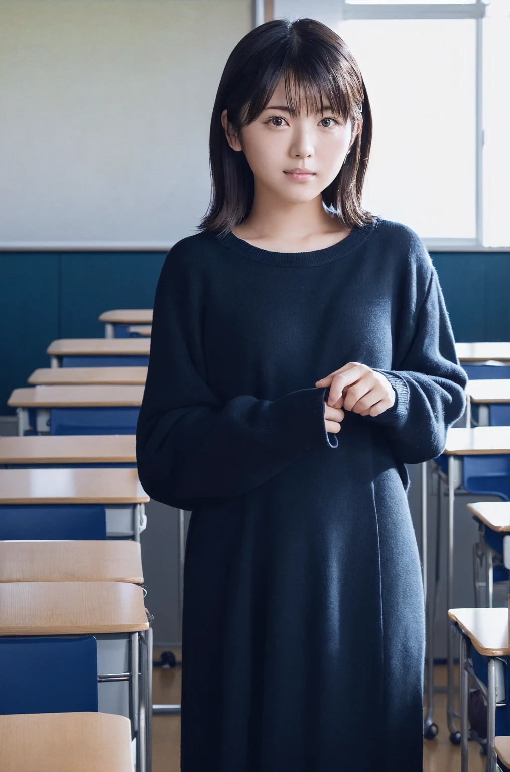 ((One Girl:1.4)),(masterpiece, Highest quality), 明日香,Are standing,((Looking into the camera)), whole body、(((University classroom))),