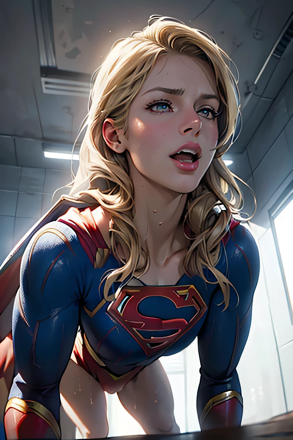 (masterpiece:1.3), (8K, Realistic, RAW Photos, Highest quality: 1.4), absurdes, charm, Ultra-high resolution, Ultra-realistic, Very detailed, Golden Ratio, (Realistic), (Best Shadow), Low contrast, (complex:1.4), Side lighting, 8K, Beautiful Face, (Realistic Face), Beautiful hairstyle, Realistic eyes, Beautiful details, (Realistic Skin), Beautiful Skin, (One Girl), ((Melissa Benoist, Supergirl)), (Accurate hand and finger depiction), Supergirl Female, (bionde, Long Hair:1.3), ((Hollow Eyes)), ((Open your mouth)), (Flushing) , (Sweat), Browsing Caution ((ダブル:1.2)), (), (), (顔), ((Dripping saliva:1.0)), BREAK (2 Boy, 2 :1.2), Real , ((Thick :1.1)), (Bust Shot), ((View from directly below))