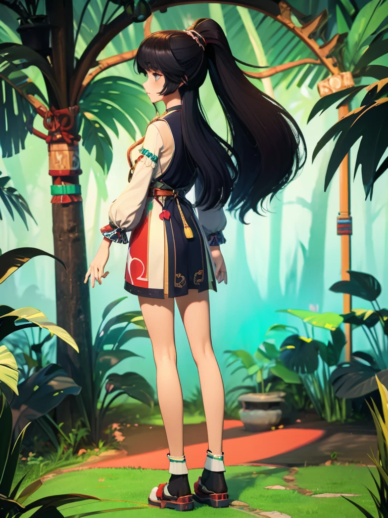 Seizo Watase style, Simple Line Initialism，Abstract art, 3d character, colorful hearts ,(((The most beautiful girl of all time))),  (full body 1.2), only girl, 20 year old, full body, (((8k))), (((3d))), long hair, black hair, jungle background, hair tied high, look from back