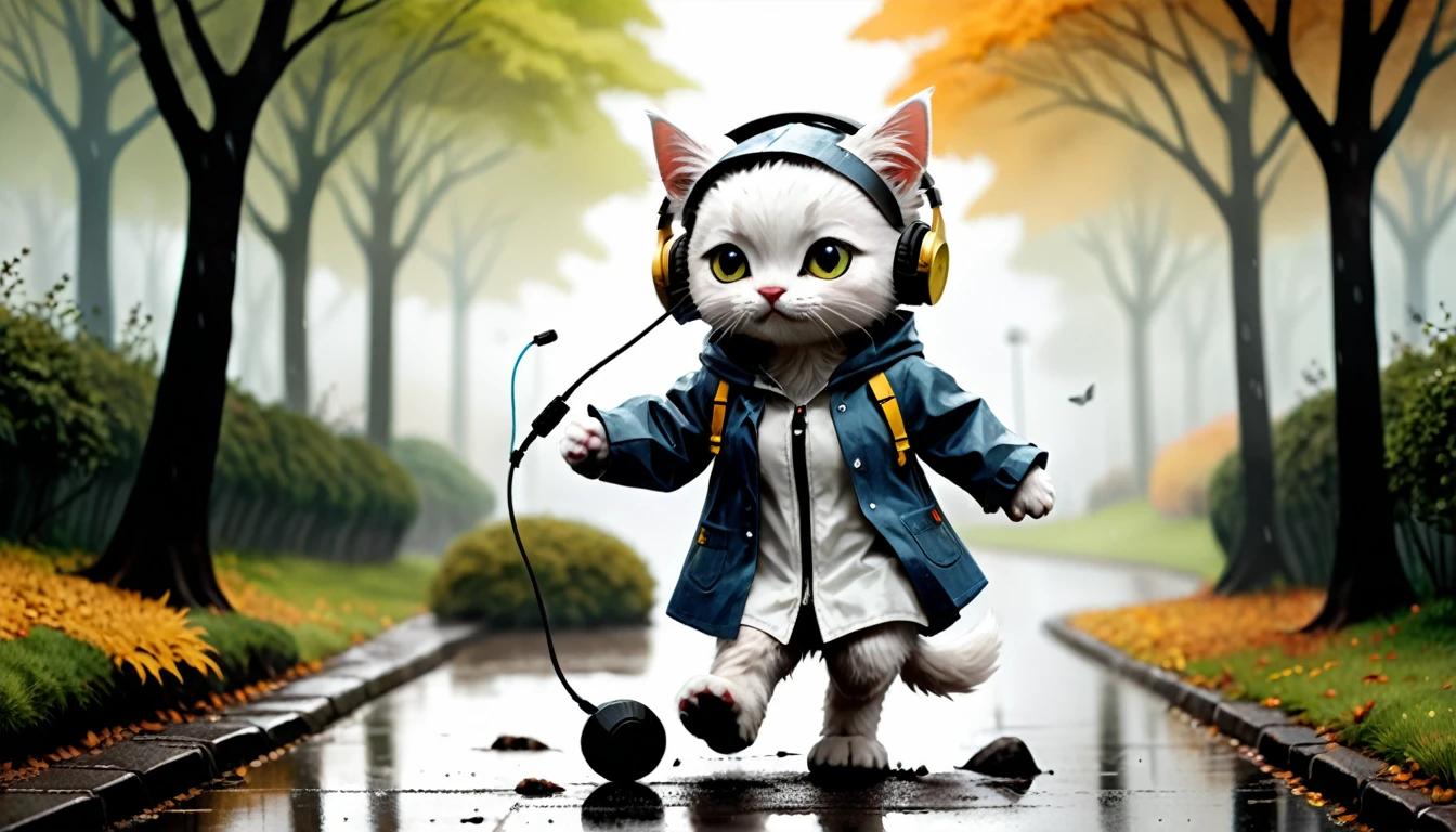 (photo cinematic), (((raining))), anthropomorphic, cute white kitten, raincoat, misty park, walking, listening to music on headphones, 2D, colorful, warm atmosphere, silhouette, Jean-Baptiste Monge style, Alan Lee style