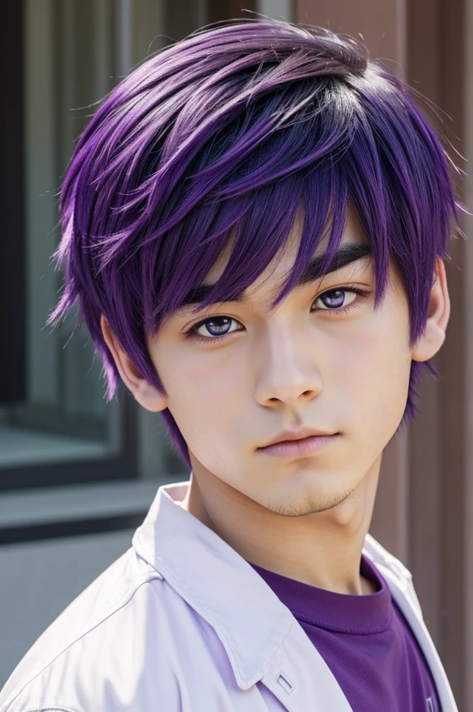 anime boy, purple eyes, PURPLE HAIR, distracted, White skin color 